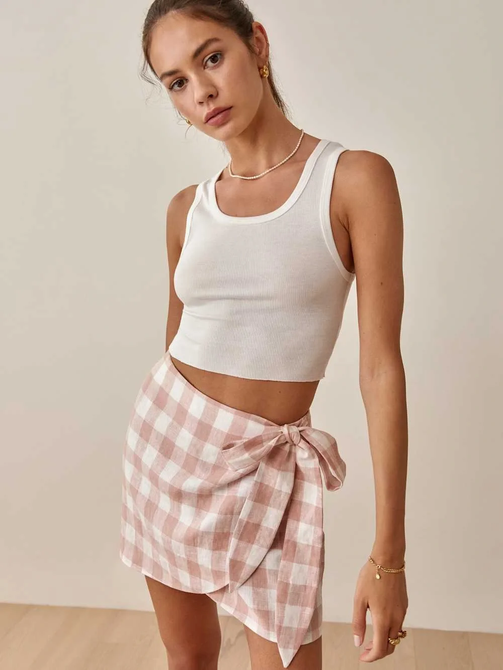 REFORMATION Linen Gingham Plaid Check Coquette Wrap Waist Cottagecore Skirt M